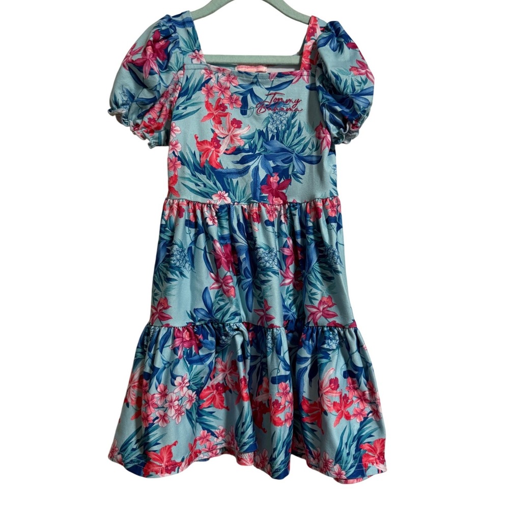 Tommy Bahama Girls 4T Blue‎ Pink Tropical Floral Tiered Puff Sleeve Dress
